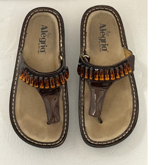Alegria Carina Brown Beaded Leather Comfort Sandals 37 US 7–7.5 Slip-On - Picture 1 of 8